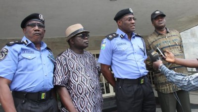 R-L: Director, State Security Service, Mr. Adekunle Ajanaku; Lagos State Commissioner of Police, Mr. Fatai Owoseni; Chief of Staff to the Governor, Mr. Olukunle Ojo and Deputy Commissioner of Police, Operations, Mr. Johnson Kokumo, briefing the press shortly after an emergency State Security Council meeting on criminal activities in Ikorodu area of the State, at the Lagos House, Ikeja
