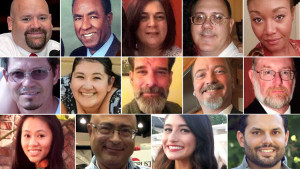 A composite photo of all 14 victims from the San Bernardino shooting rampage. They are top row left: Robert Adams, Isaac Amanios, Bennetta Betbadal, Harry Bowman and Sierra Clayborn. Second row from left: Juan Espinoza, Aurora Godoy, Shannon Johnson, Larry Daniel Kaufman and Damian Meins. Bottom row from left: Tin Nguyen, Nicholas Thalasinos, Yvette Velasco and Michael Wetze