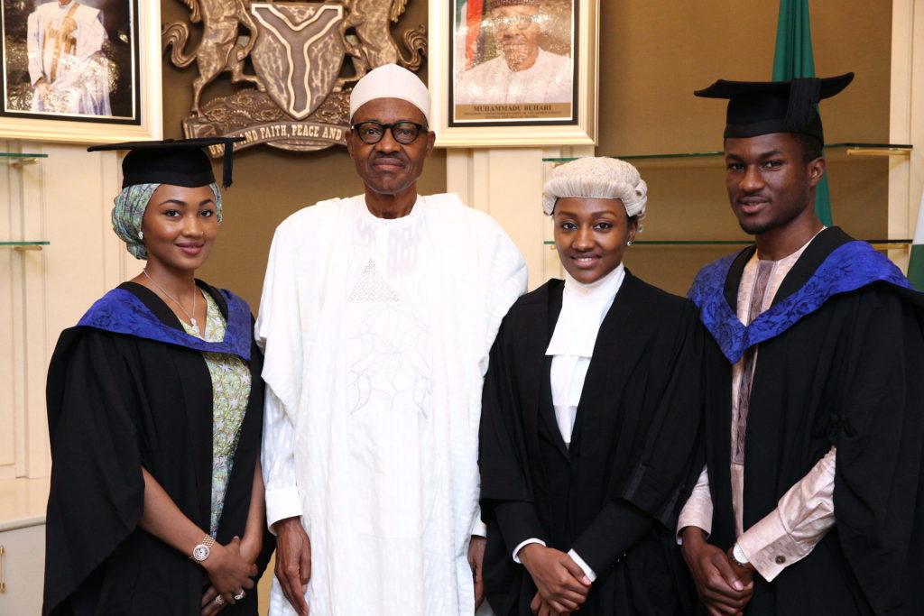 Graduation 1: President Buhari with his children L-R: Miss Zahra Buhari, Yusuf Buhari and Halimat Buhari Sherriff as he celebrates them on their graduation and Call to Bar in Statehouse on 14th July 2016 
