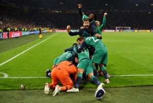 Spurs players celebrate Champions League semi final victory against Ajax