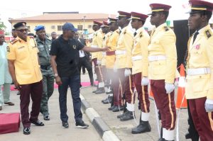 From left: General Manager, Lagos State Traffic Management Authority (LASTMA) Mr Olawale Musa and Governor of Lagos State Mr Babajide Sanwo-Olu Inspecting Guards During His visit to the Headquarters of the Lagos State Traffic Management Authority (LASTMA) in Lagos on Friday/14/06/19/OOA/NAN