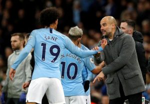 Manchester City’s Gabriel Jesus comes on as a substitute to replace Sergio Aguero as manager Pep Guardiola gives instructions to Leroy Sane REUTERS/Phil Noble