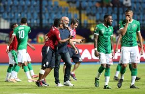 Madagascar coach Nicolas Dupuis celebrates with the players after winning the penalty shootout, Madagascar v DR Congo at Alexandria Stadium, Alexandria, Egypt – July 7, 2019. REUTERS/Suhaib