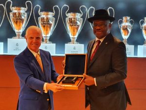 File Photo: Rivers State Governor, Nyesom Ezenwo Wike (r) and the Executive Vice President of Real Madrid Football Club Foundation , Enrique Sanchez on Monday at the Presidency Reception Centre of the Santiago Bernabeu Stadium in Madrid after the signing of ratification agreement on the partnership for Real Madrid Academy, Port Harcourt in 2019