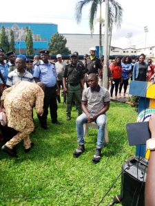 Gracious David West at Rivers State Police Command before he was paraded at the Police