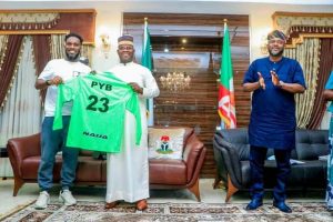 Governor Yahaya Bello with Rochas Okorocha, former Eagles' Coach in Abuja