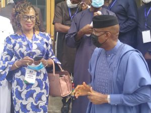 The Deputy Senate President, Sen. Ovie Omo-Agege (R) immediately after the APC South-South Zone Town Hall Meeting for Constitution Review on Saturday in Asaba, Delta on Saturday, March 27, 2021 (NAN photo)