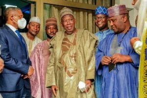 Gov. Abdullahi Ganduje of Kano state (middle) and business moguls Aliko Dangote and Abdussamad Isyaka-Rabi’u