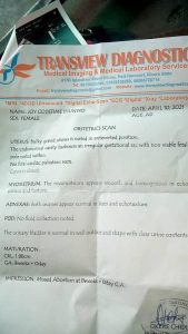 Result of the scan showing loss of eight-week pregnancy by Joy Ihunwo
