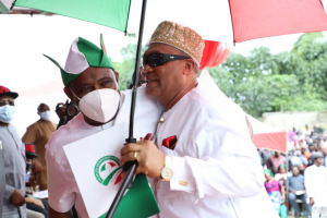 Governor of Rivers State, Nyesom Ezenwo Wike (left) and former All Progressives Congress Chairman in Rivers State, Dr. Davies Ikanya during the formal defection of the latter to Peoples Democratic Party, PDP in Port Harcourt on Saturday.