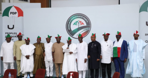 Governor of Rivers State, Nyesom Ezenwo Wike (fifth from the left) and his colleagues during Peoples Democratic Party (PDP) Governors' Forum meeting in Ibadan Oyo State on Monday.