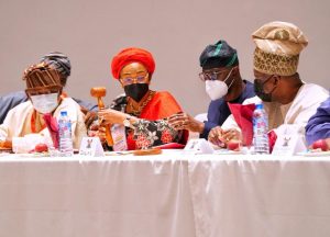 L-R: Senator Olamilekan Solomon; Senator Oluremi Tinubu; Lagos State Governor, Mr. Babajide Sanwo-Olu and Senator Ibikunle Amosun during the opening of the senate committee zonal public hearing on the review of the 1999 constitution at the Lagos Marriott Hotel, Ikeja, on Wednesday, May 26, 2021.