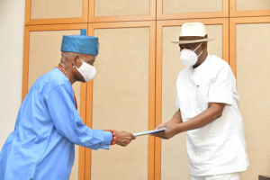 Governor of Rivers State, Nyesom Ezenwo Wike (right) receiving written address from the leader of the delegation of Ekpeye nationality, Prof. Dulu Appah during a solidarity visit by the Ekpeye nationality to the Government House, Port Harcourt on Tuesday.