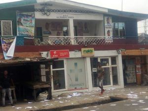 All Progressives Congress (APC) Party Secretariat in Agege LG, Lagos State, where electoral materials were scattered by hoodlums during the APC Chairmanship and Councillors primary elections on Saturday, May 29, 2021 (NAN)