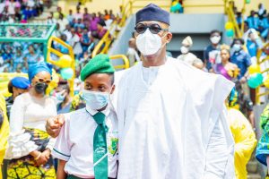 Governor Dapo Abiodun and the scholarship beneficiary, Oyinbo Precious
