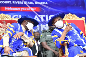 Governor of Rivers State, Nyesom Ezenwo Wike (right) and the Pro-Chancellor of PAMO University of Medical Sciences, Dr. Peter Odili during the 4th Matriculation ceremony of the institution at Elelenwo on Friday.