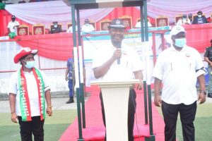 The Secretary to the State Government, Dr. Tammy Wenike Danagogo Governor Wike at the Sharks Stadium, Port Harcourt, venue of the May Day Parade