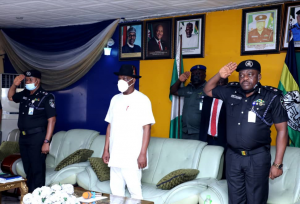 Governor of Rivers State, Nyesom Ezenwo Wike (middle); Commissioner of Police, Rivers State, Mr. Friday Eboka (left) and Deputy Commissioner of Police, Finance and Administration, Mr. Yomi Oladimeji (right) during the governor's visit to commiserate with the State Command on recent killing of Policemen in the State.