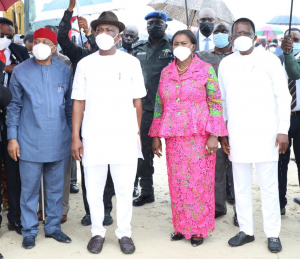 L-R: Sen. Theodore Ahamefule Orji , Governor of Rivers State, Nyesom Ezenwo Wike; Deputy Governor of Rivers State, Dr. Ipalibo Harry Banigo and Rt. Hon.Ikuinyi-Owaji Ibani, Speaker Rivers State House of Assembly during the flag off Woji-Aleto-Alesa Road on Tuesday
