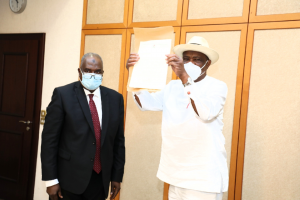 Governor of Rivers State, Nyesom Ezenwo Wike (right) and Director General of the Nigerian Law School, Professor Isa Huyatu Chiroma (left) during the presentation of letter of approval for the establishment of a Nigerian Law School campus in Port Harcourt to Governor Wike at the Government House, Port Harcourt on Thursday.
