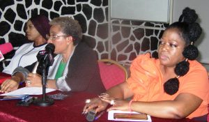 Treasurer, Womens International Shipping and Trading Association (WISTER) Nigeria, Dr Odunayo Ani, President, Mrs Eunice Ezeoke and Secretary, Chizoba Anyika during a news conference on the forthcoming business luncheon of the association, in Lagos.