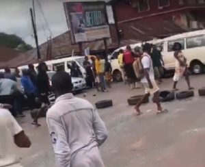 The youths at the road blockage ahead of June 12 celebration in Benin on Friday