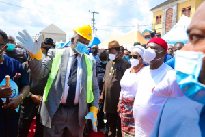 L-R: Past President Nigerian Bar Association, Onueze C.J Okocha, SAN; Speaker Rivers State House of Assembly Rt. Hon. Ikuinyi-Owaji Ibani; Deputy Governor of Rivers State, Dr. Ipalibo. B and Governor of Rivers State, Nyesom Ezenwo Wike during Rumuepirikom Flyover flag off on Wednesday.