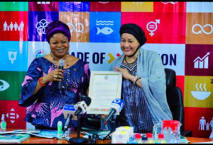 The Senior Special Assistant to the President on SDGs, Princess Adejoke Orelope-Adefulire presenting a congratulatory letter to UN Deputy Secretary-General, Amina J. Mohammed during her visit to the SDGs Office recently