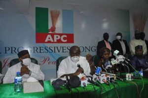 CECPC Secretary, Sen. John James Akpanudoedehe conductinh the inauguration of APC Ward Congresses Appeal Committee at Buhari House, the APC National Secretariat on behalf of Governor Buni.