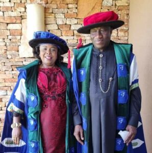 Former President Goodlluck Jonathan and wife, Patience, during his formal inauguration as the Chancellor of Cavendish University Uganda on Thursday