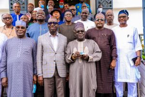 First from left Atiku, Obaseki and PDP chieftains in Benin on Monday