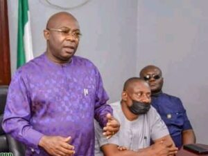 Desmond Akawor, Chairman PDP, Rivers State addressing the leaders of PDP from Andoni local government area of Rivers State.