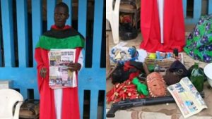 Ikechukwu Umaefulam, suspected chief priest of the proscribed Indigenous People of Biafra (IPOB) arrested by the Police in Imo and items recovered from him