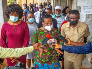 Edo First Lady, Mrs Betsy Obaseki, flanked by the Deputy Governor of Edo State, Philip Shaibu and his wife Maryann Shaibu, speaking to journalists at the court premises