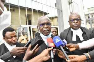 Donald Chika Denwigwe, SAN (middle) lead counsel to Government of Rivers State and Ken C.O. Njemanze, SAN (left) briefing journalists after the Federal High Court in Port Harcourt on Monday declared FIRS collection of Value Added Tax in Rivers State unconditional.
