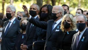 Biden,Obama,Clinton at the National Sept. 11 Memorial, sharing a moment of silence to mark the 20th anniversary of U.S. worst terror attack with a display of unity.