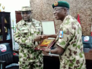 Acting General Officer Commanding (GOC), 7 Division, Brig.-Gen. Abdulwahab Eyitayo and Director, Army Public Relations, Brig.-Gen. Onyema Nwachukwu during a visit to the GOC on in Maiduguri on Tuesday, 21/9/2021