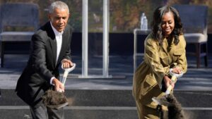 Obama and wife during the ground breaking ceremony. AP