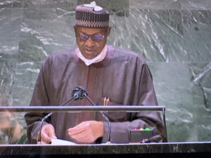 President Muhammadu Buhari delivers his speech at the 76th Session of the UN General Assembly on Friday in New York