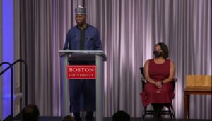 The Permanent Representative of Nigeria to the UN, Prof. Muhammad Bande, delivering his acceptance after being conferred with the Distinguished Alumni Award by Boston University, Massachusetts, United States.