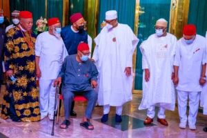 Buhari when he received a group under the aegis of Highly Respected Igbo Greats, led by First Republic parliamentarian and Minister of Aviation, Chief Mbazulike Amaechi, at State House, Abuja, on Friday.