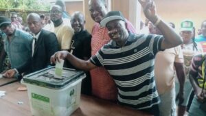 Professor Charles Soludo, the candidate of APGA in Anambra governorship election voting in his polling unit in Awka on Saturday