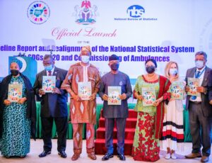 Third from right: Princess Orelope- Adefulire, Vice President Osinbajo and others with the Report on the ‘Review of Baseline and Realignment of the National Statistical System with SDGs, 2020’ on Tuesday in Abuja