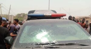 A Police van shattered with gun by the Ibadan bullion van robbers