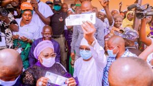 Governor Oyetola and wife after accreditation at his Iragbiji ward for the APC Osun State Primary election
