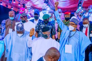 Buhari, Vice President Yemi Osinbajo and Senate President Ahmad Lawan at APC National Convention