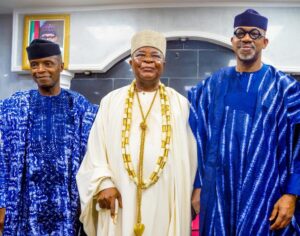Osinbajo, Alake of Egbaland and Governor Dapo Abiodun in Abeokuta on Tuesday