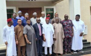 Atiku Abubakar and leaders of PDP during visit to Gov. Nyesom Wike of Rivers in his Abuja residence on Monday.