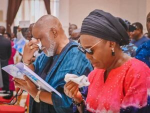 Akeredolu, wife at funeral mass for the victims of the June 5th, Terror attack at the Saint Francis Catholic Church, Owaluwa, Owo.