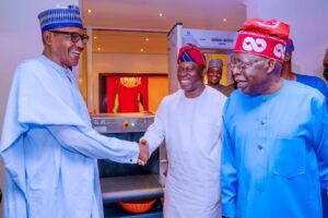 President Muhammadu Buhari, Wale Tinubu and APC 2023 presidential candidate, Bola Tinubu at Aso Rock Presidential Villa